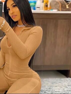 Ribbed Long-Sleeve Tan Jumpsuit